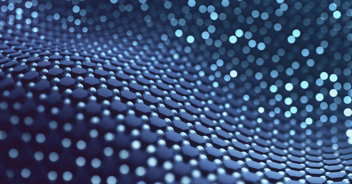 Abstract blue background featuring a textured pattern of hexagonal shapes and soft, glowing orbs.