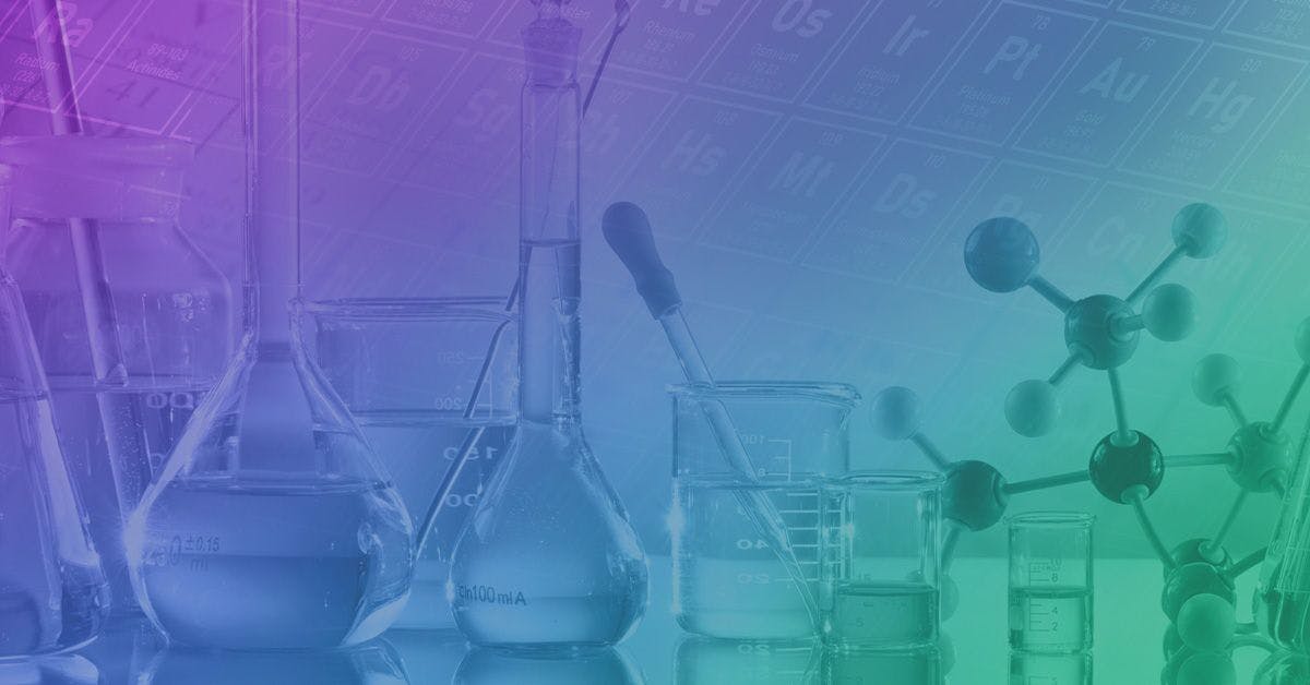 A group of chemistry flasks on a colorful background.