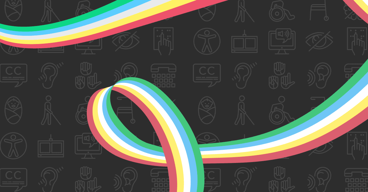 Colorful ribbons swirl across a dark background filled with icons representing accessibility and inclusion themes.