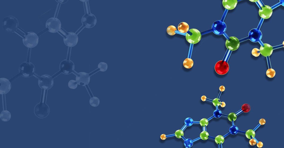 Colorful molecular models with spheres connected by rods on a blue background.