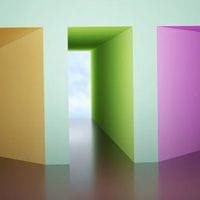 A colorful abstract image featuring a hallway with pastel orange, green, and pink walls. A bright light and cloudy sky are visible through the open end.