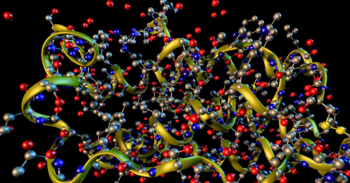 A detailed molecular model of a folded protein, with ribbon helices and colored atoms representing its three‑dimensional structure against a black background.