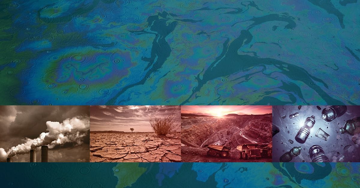 A composite image showing air pollution, drought, mining, and plastic waste overlaid on a blue and green geographical map background.