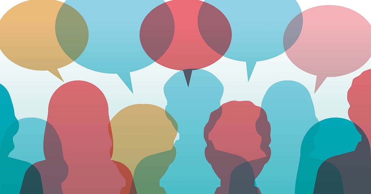 An abstract illustration of overlapping colorful silhouettes of people with large speech bubbles above them, symbolizing conversation and communication.