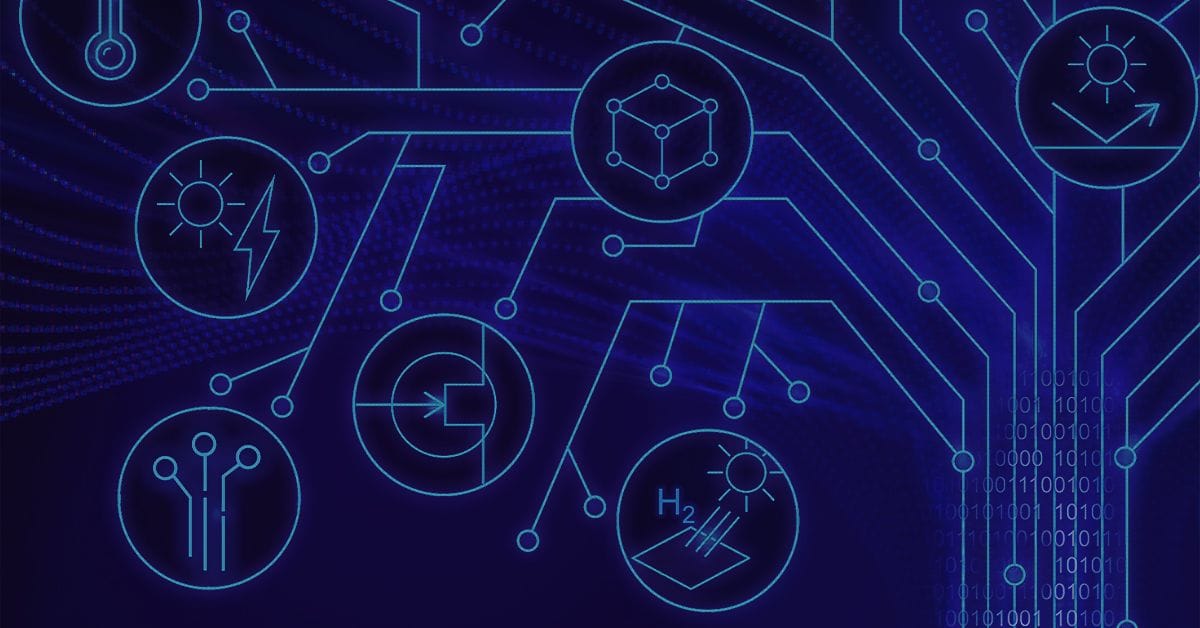 Conceptual image of a digital network with symbols for electricity, materials structures, hydrogen (H₂), and data flow, representing advanced energy and materials research.