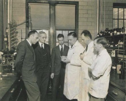 Researchers who accomplished the synthesis of vitamin B5: (from left) Randolph Major, Director of the Merck Research Laboratories; William H. Engels, Associate Director; Karl Folkers, Assistant Director; and chemists J. Finkelstein; J. C. Keresztesy; and E. T. Stiller.Courtesy Merck.