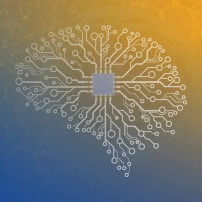 A visualization of a brain formed from electronic circuitry on a gradient yellow-to-blue background.