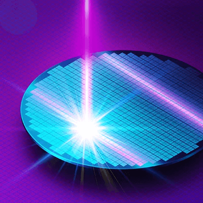 A vibrant, futuristic illustration of a glowing blue microchip with a radiant white light and purple laser shining on it, set against a dark purple grid background.