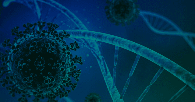 Graphic depiction of a virus and DNA strands on a blue-green background.
