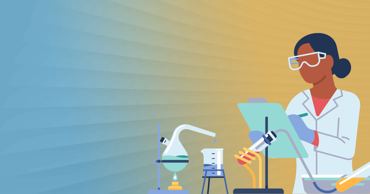 Woman scientist in her lab, yellow background