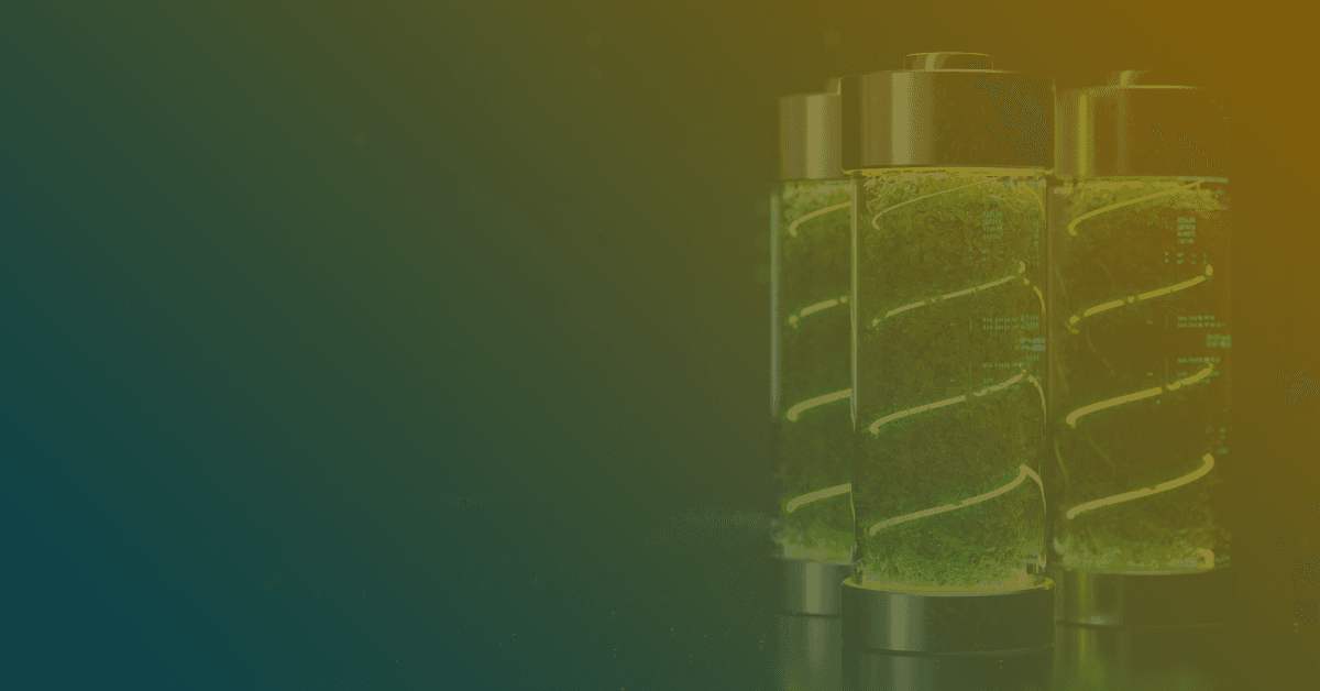Three futuristic batteries filled with green material, glowing with a digital interface, set against a gradient background.
