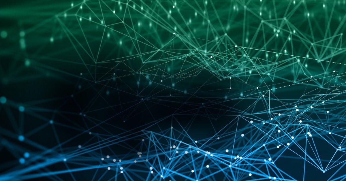 A blue and green background with lines and dots.