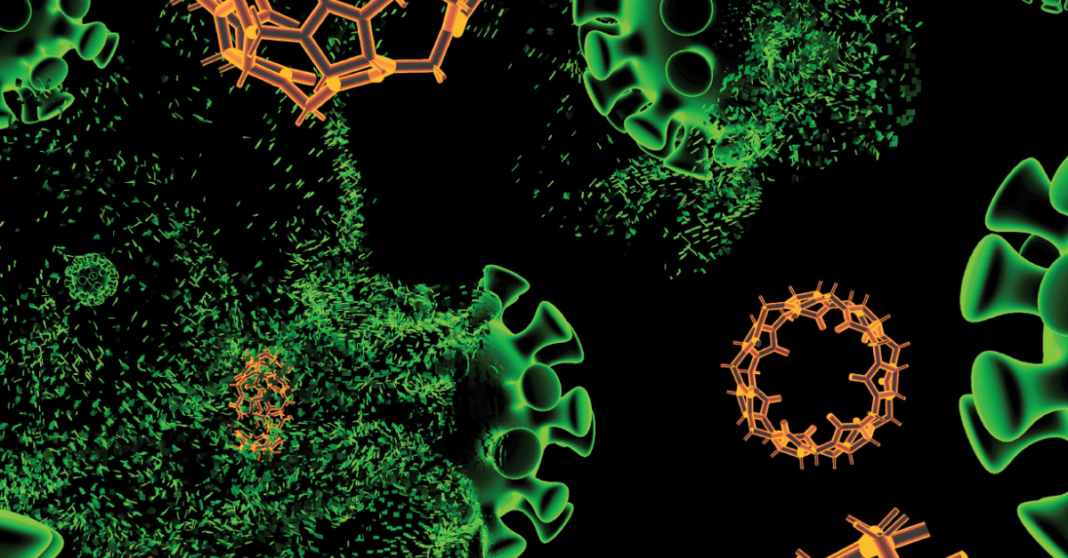 An Abstract scientific illustration showing green virus‑like particles interacting with orange molecular structures against a black background.