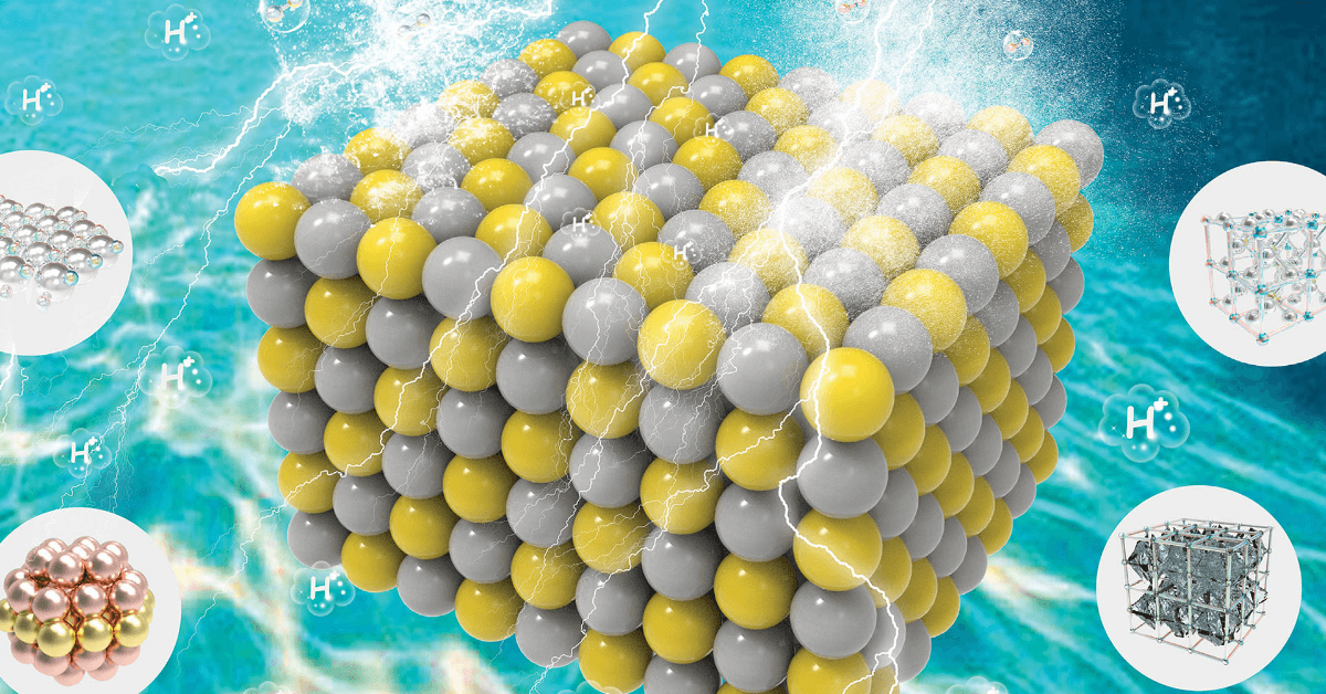 Illustration of a crystalline battery material surrounded by hydrogen ions and electrical effects.