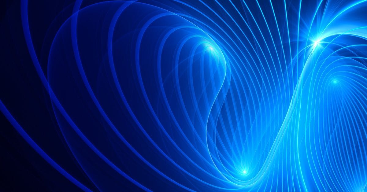 Blue light patterns create interwoven, abstract waveforms against a dark background, resembling a complex network of curved lines and glowing nodes.