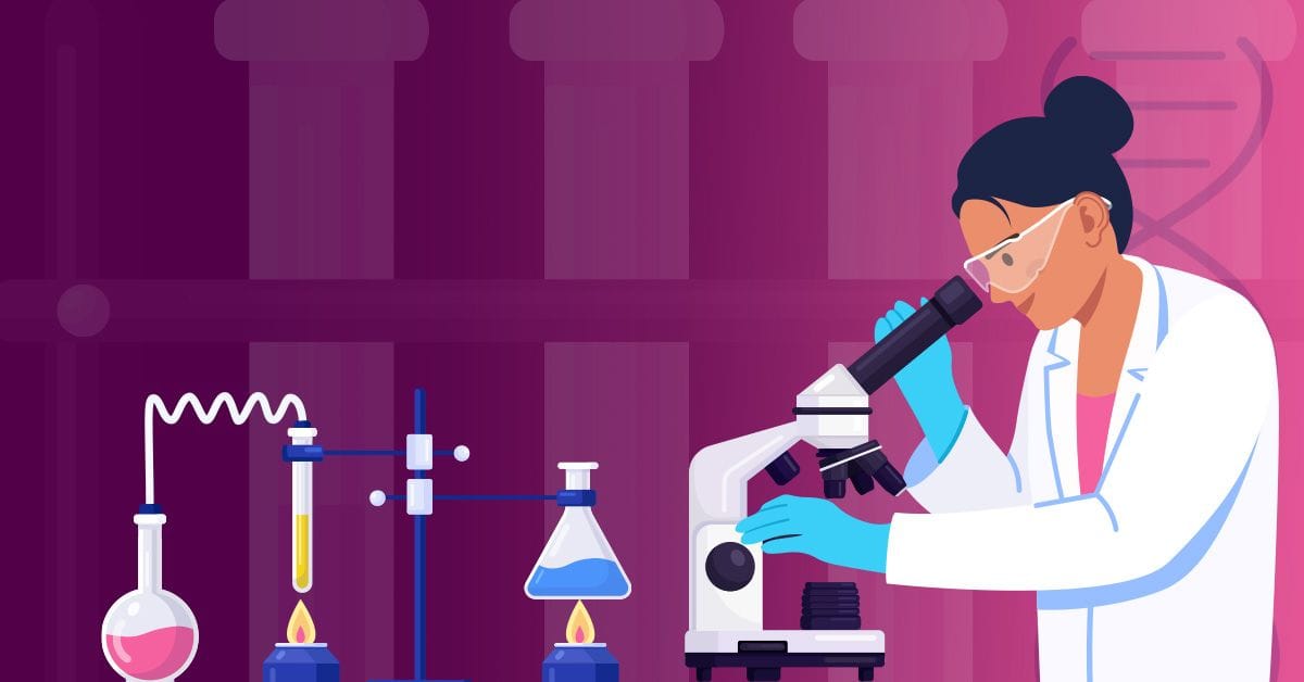 A scientist is conducting research using a microscope in a laboratory setting, with various pieces of laboratory equipment and glassware around her.