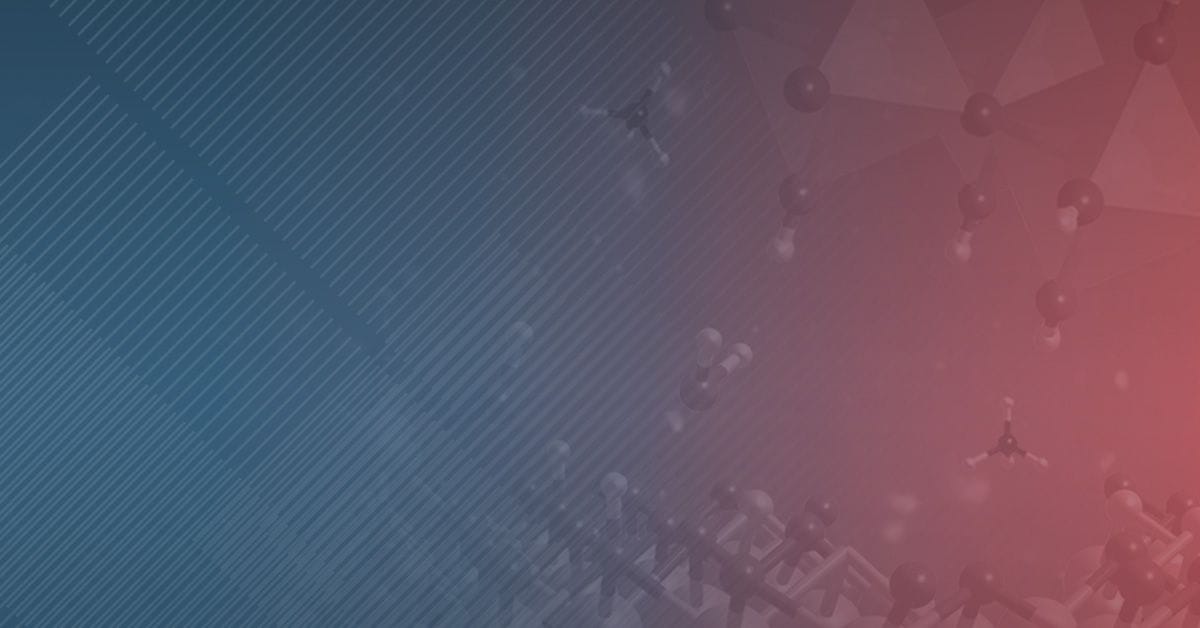 Abstract geometric background in shades of blue and purple with overlay of molecular structures and gradients.