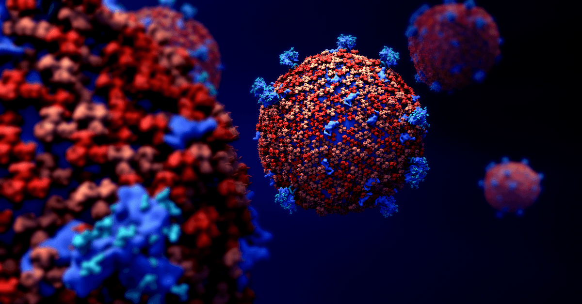 Close-up illustration of spherical virus particles covered in spike-like structures, shown in red and blue against a dark background.