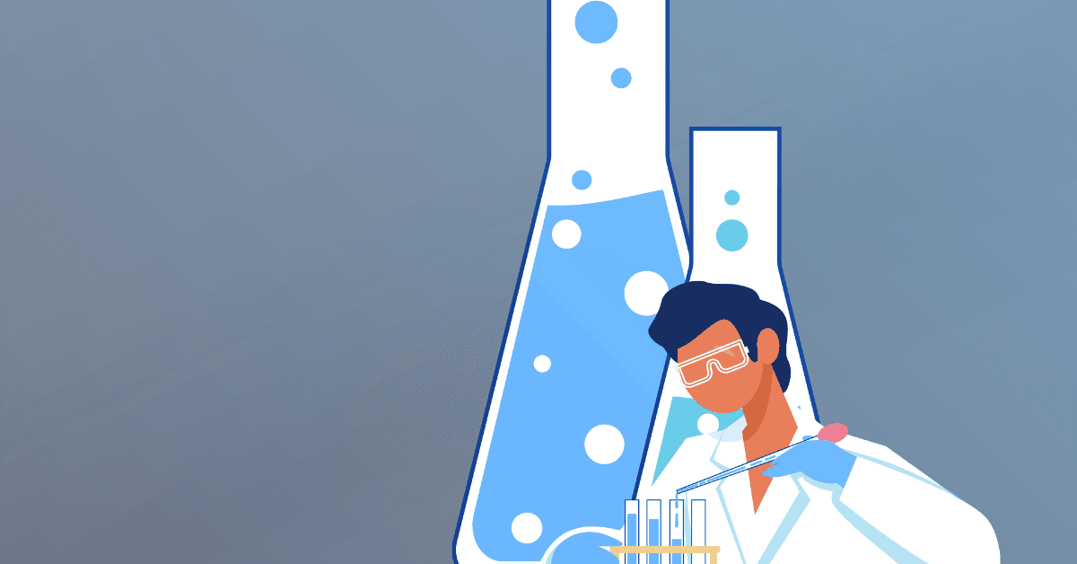 Illustration of a scientist wearing safety goggles and using a pipette in front of large laboratory flasks filled with blue liquid.
