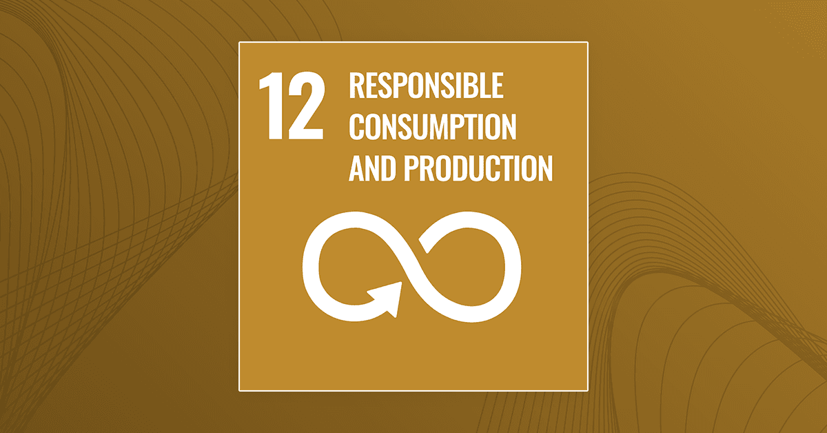 An image showing Sustainable Development Goal 12, which focuses on responsible consumption and production, featuring a white infinity loop arrow symbol and bold white text on a golden background