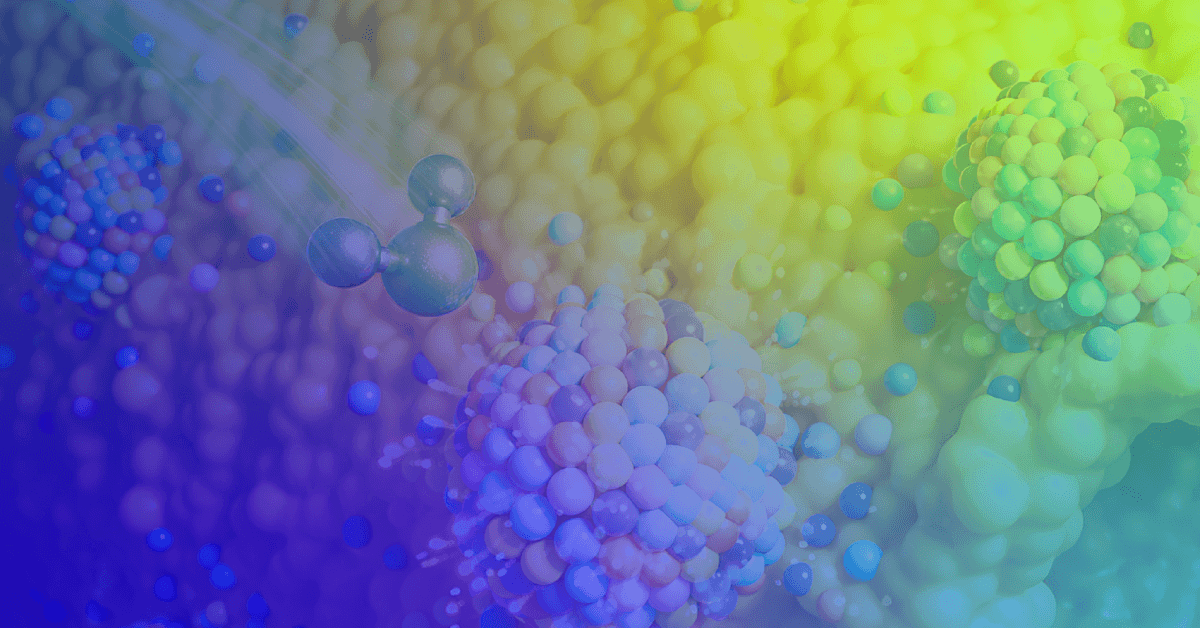 An Abstract molecular 3D illustration showing clusters of multicolored spheres and floating particles on a blue‑to‑yellow gradient background.