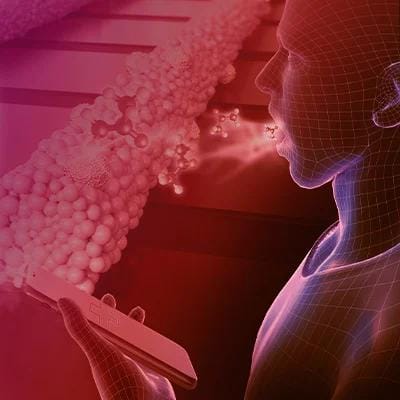 A digital illustration of a person breathing out molecular particles and holding a cell phone, conveying advances in mobile breath sensing technology