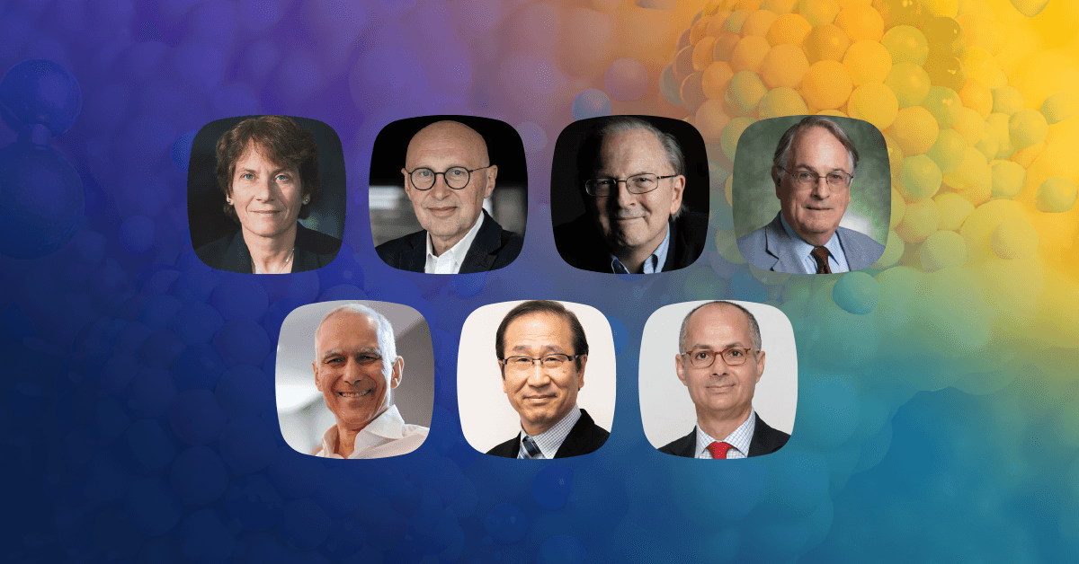 Headshots of Prof. Moungi Bawendi, Prof. Carolyn R. Bertozzi, Prof. Stefan W. Hell, Prof. Susumu Kitagawa, Prof. Jack W. Szostak, Prof. M. Stanley Whittingham, and Prof. Omar Yaghi, against a colorful abstract background.