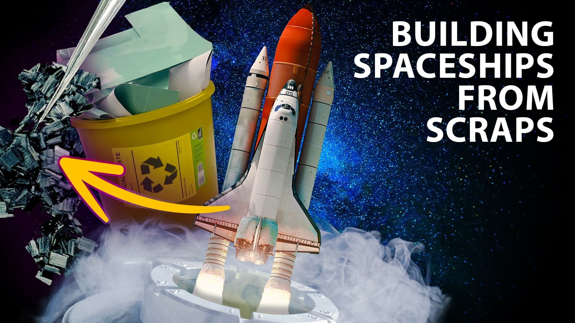 A collage showing a space shuttle launching against a star-filled sky, with clouds of exhaust below. To the left, a yellow recycling bin filled with plastic and lab materials is shown, along with metallic cubes and an orange arrow pointing from the rocket toward the recycled materials.