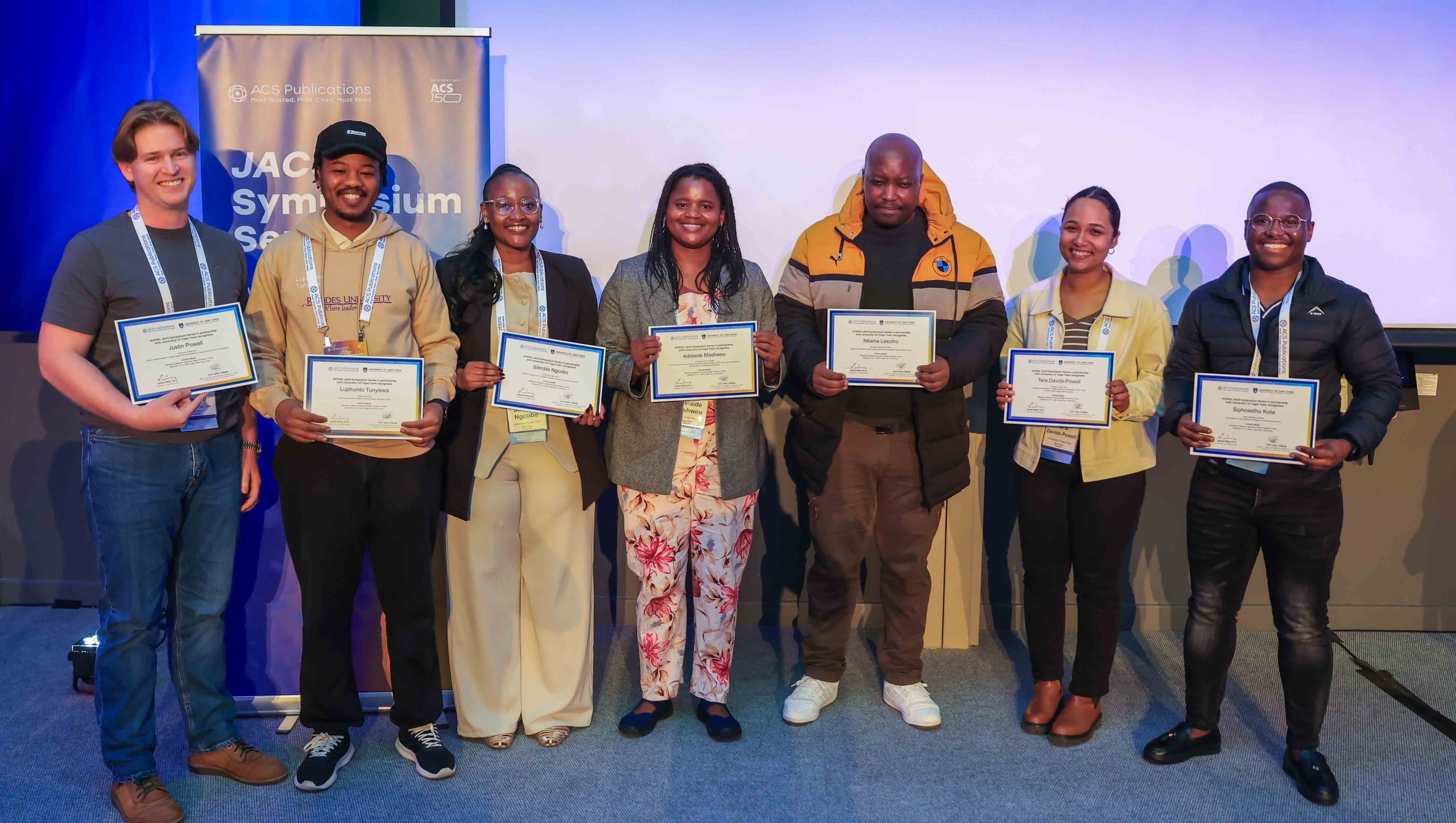 Poster Prize Winners, ACS150 JACS Symposium, University of Cape Town. L-R: Justin Powell, Luphumlo Tunyiswa, Silindile Ngcobo, Adelaide Mashweu, Ntlama Lesotho, Tara Davids-Powell, Siphosethu Kota