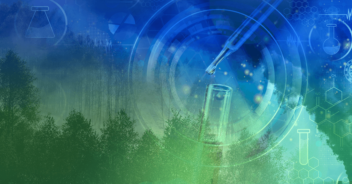 Abstract mix of science and nature imagery featuring test tubes, pipettes, and trees in blue and green hues.
