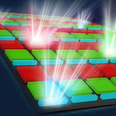 Bursts of white light beams coming from a multicolored grid