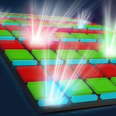 Bursts of white light beams coming from a multicolored grid