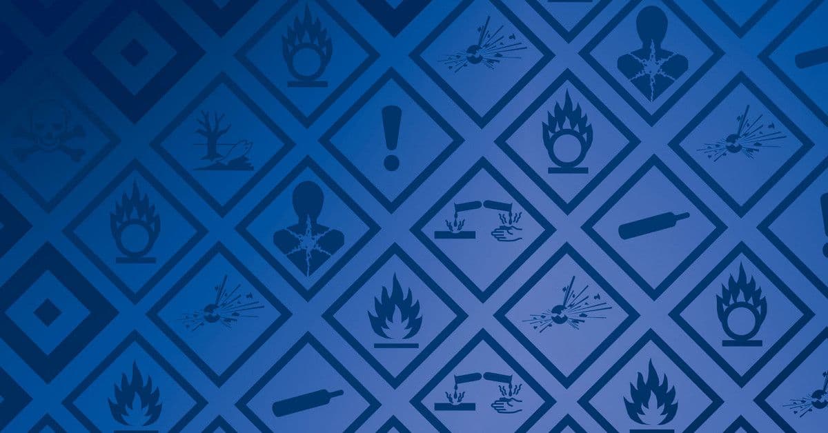 A blue background featuring various hazard symbols, including flammable, explosive, and toxic icons arranged in a diamond pattern.