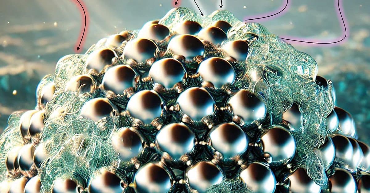 A digital image depicting the solid–liquid interface of a palladium nanoparticle during reactions of hydrogen and oxygen to hydrogen peroxide in water. The nanoparticle is covered with organic residue, which promotes the catalysis.