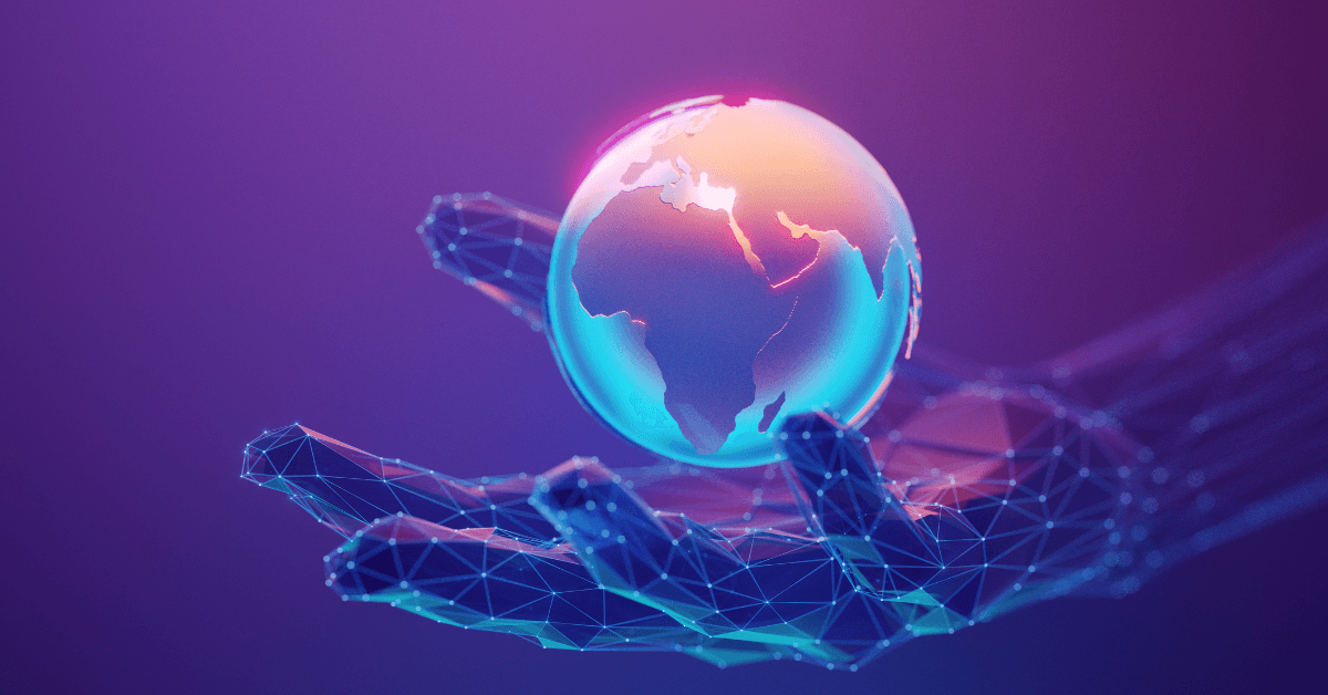 A glowing digital globe hovering above a futuristic wireframe hand, illuminated in blue, pink, and purple light against a dark gradient background.