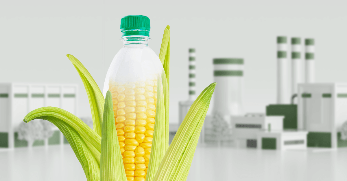 A plastic bottle filled with corn kernels is nestled among green corn leaves, set against a blurred black and white industrial background.