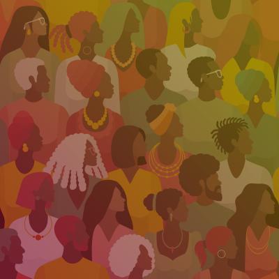 A stylized illustration of a large, colorful crowd of people shown in profile, featuring layered silhouettes, vibrant clothing, and textured hair patterns, created in warm red, orange, and gold tones to evoke themes of community, heritage, and celebration.