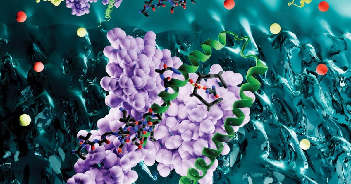 A 3D molecular illustration showing a purple protein complex interacting with green helical strands and small molecules in a liquid-like environment.