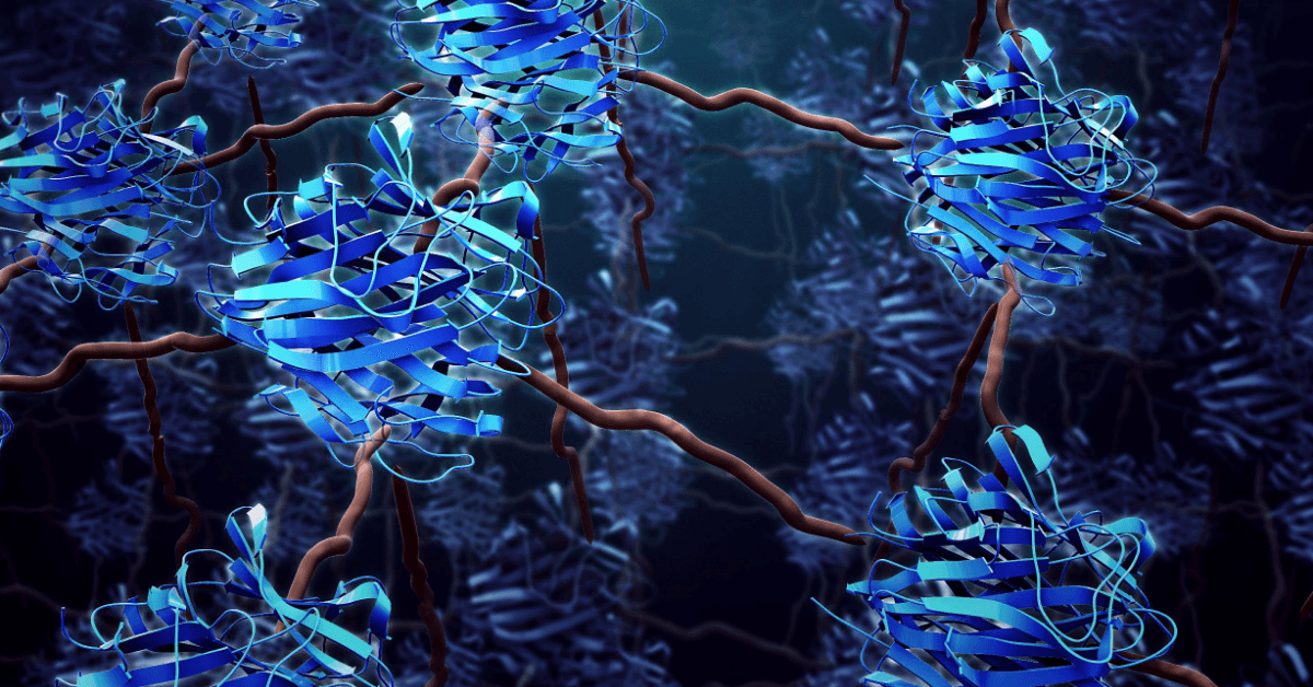 Conceptual scientific illustration of blue molecular structures interconnected by branching copper-colored chains.