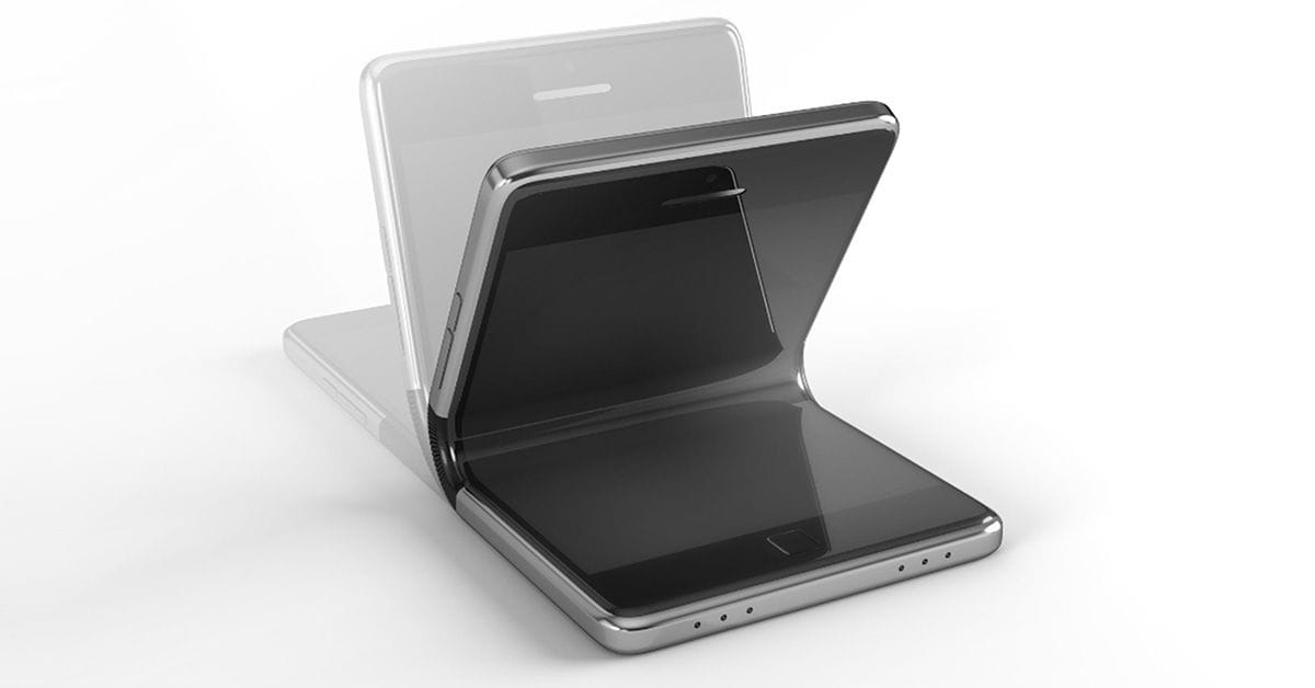 An image of a flexible mobile phone that can bend in half.