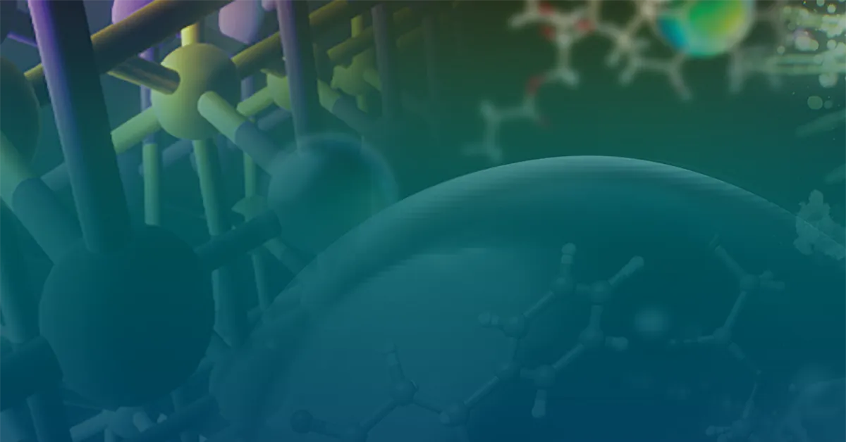 An Abstract scientific illustration showing molecular structures and lattice‑like frameworks in shades of blue, green, and purple.