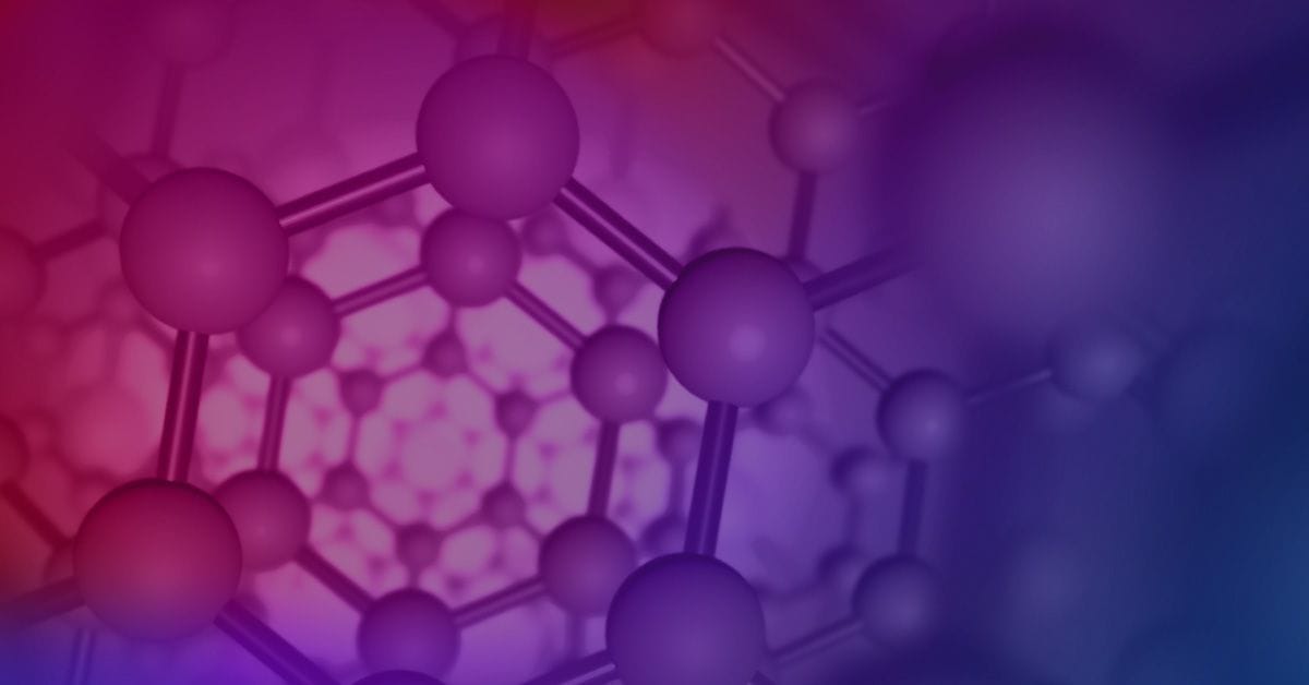 A colorful abstract representation of molecules with interconnected spheres and vibrant gradients of purple and pink hues.