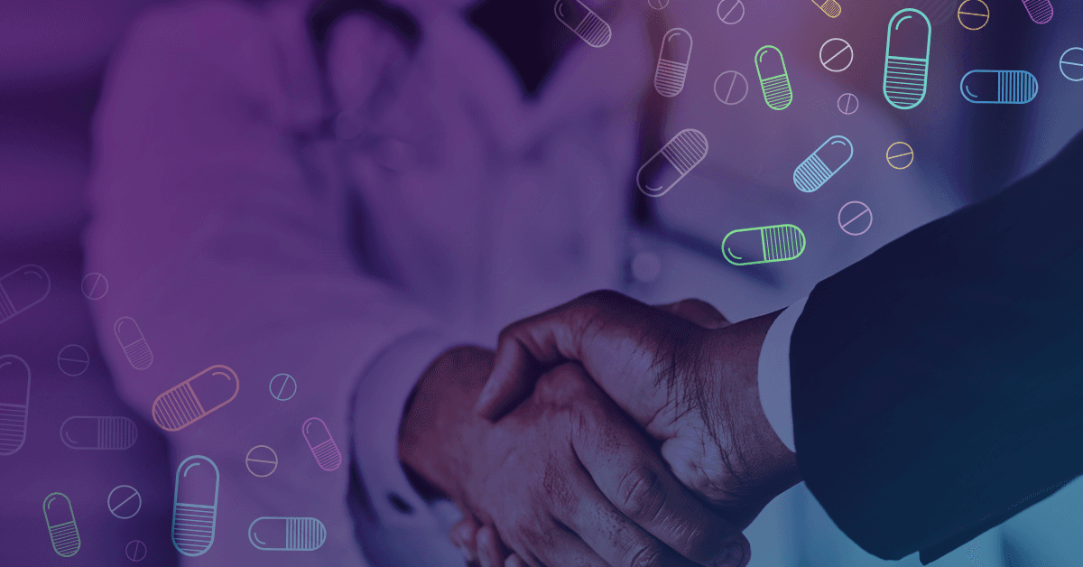 Two people are shaking hands, one in a doctor's coat. The image is overlaid with various capsule and pill graphics.