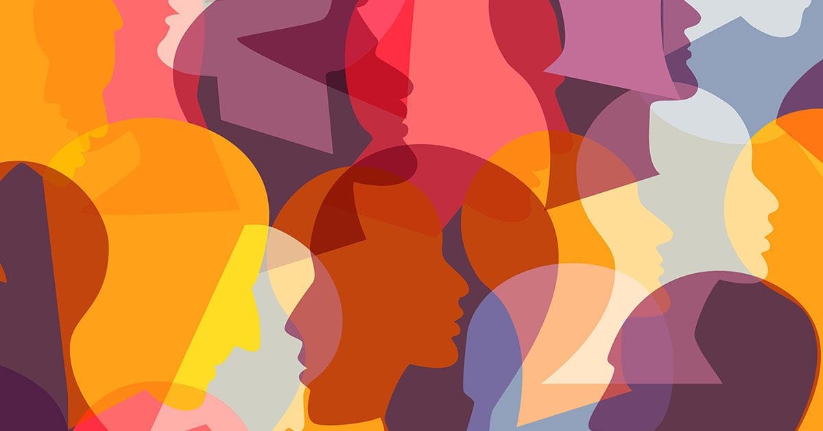 A group of people silhouettes on a colorful background.