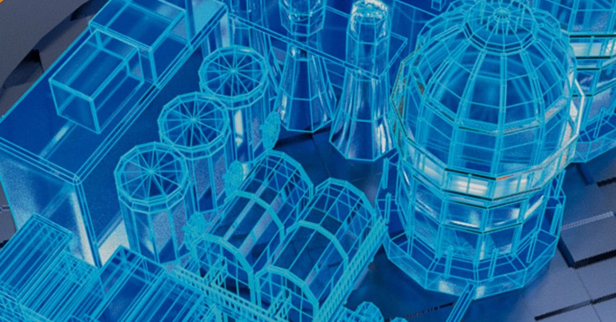 Glowing blue digital model of a chemical plant with tanks and domes.