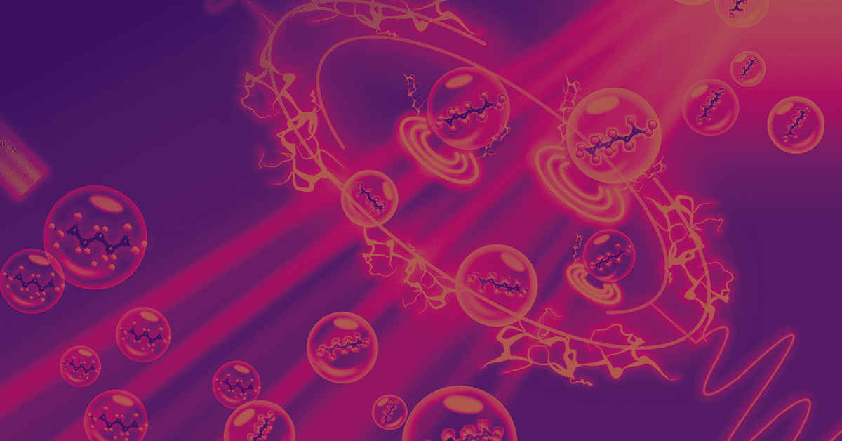 An abstract graphical image of molecules encased in droplets on a purple and red background
