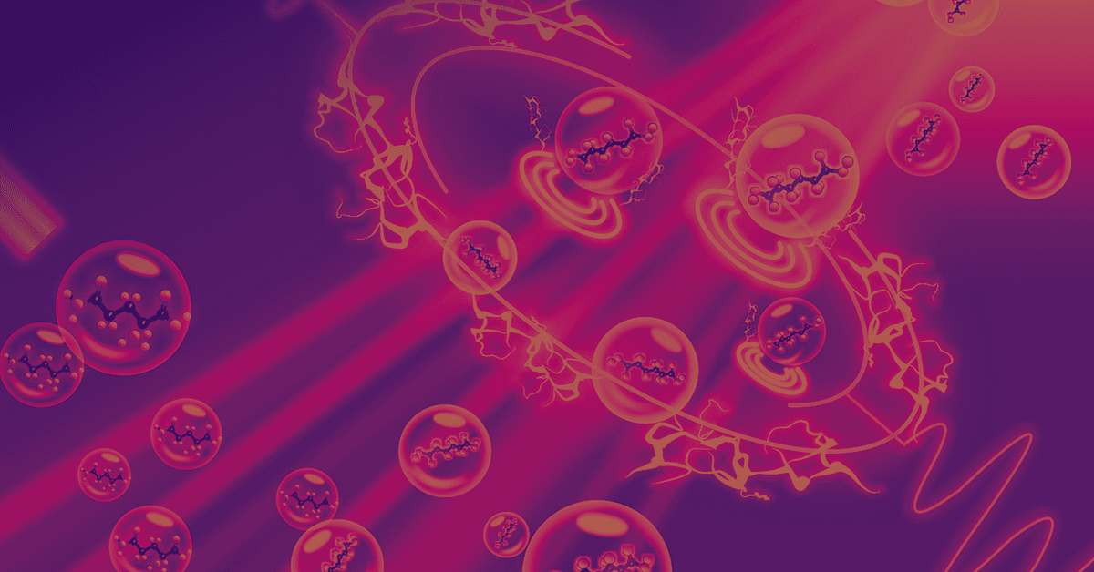An abstract graphical image of molecules encased in droplets on a purple and red background
