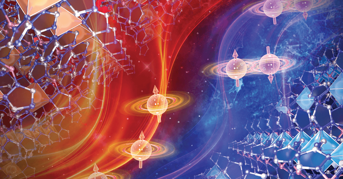 Colorful rendering of crystalline molecular structures surrounded by glowing, spinning particles against a red-and-blue cosmic background.