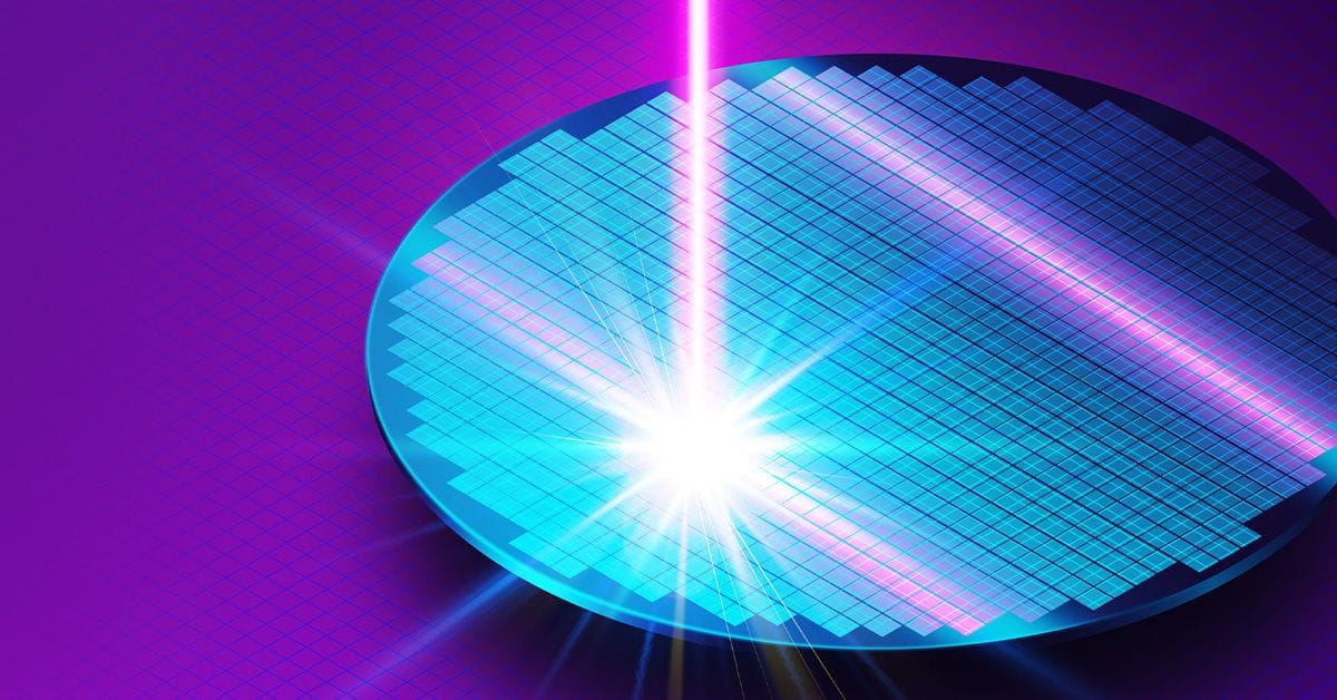 A disc with a light shining on it on a purple background.