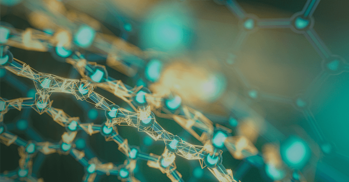 a close-up image of an abstract molecular structure in shades of green and gold